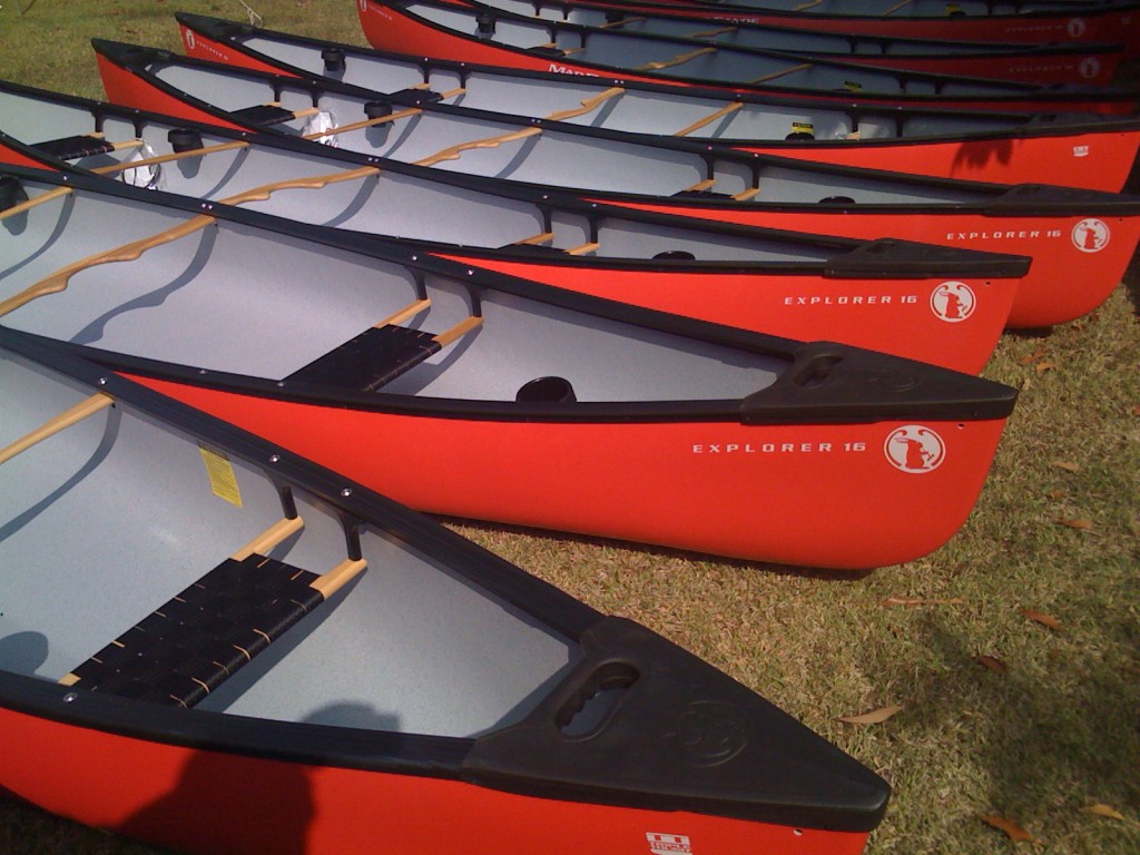 Canoes in the front of the office.