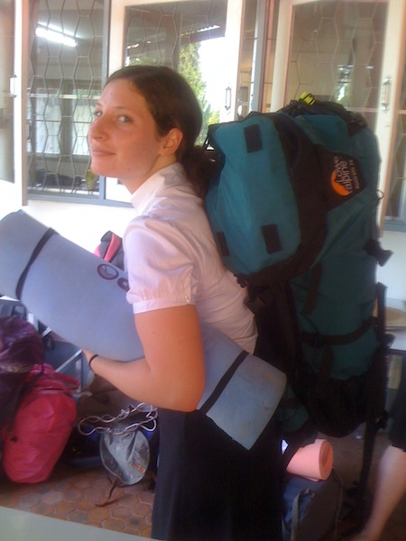 Nikki ready to hit the trail (after she puts the top of the backpack on correctly...)